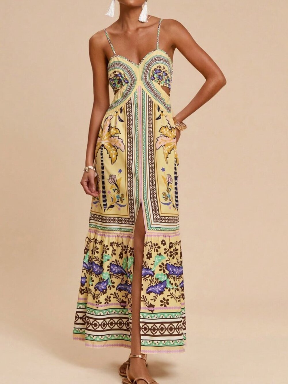 Multicolor Boho Women's Halter Dress with Cutout Waistband and Side Slits - Picture 4 of 7